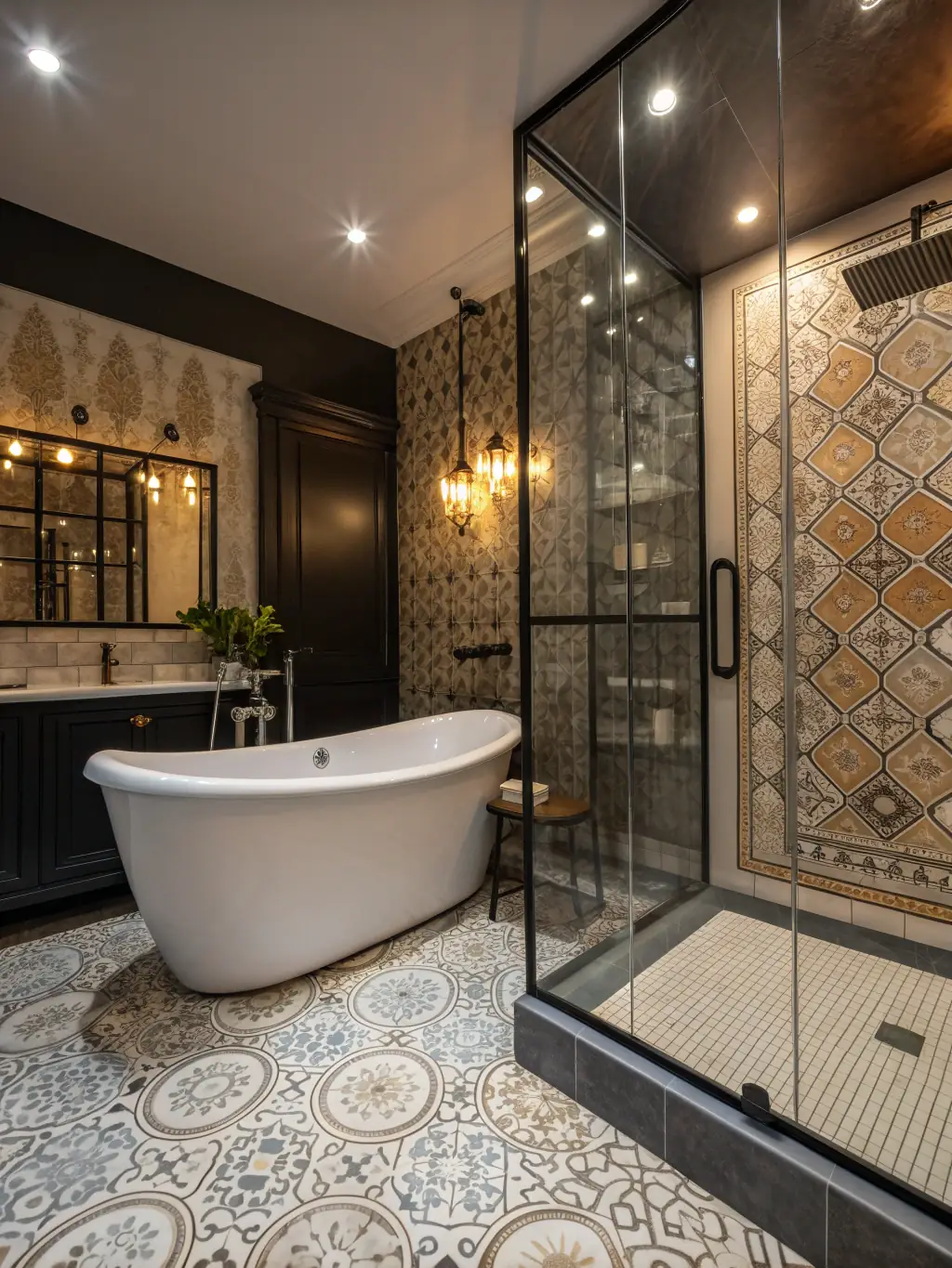 A luxurious bathroom with a freestanding tub, elegant tiling, and modern fixtures, highlighting Arena Construction's expertise in bathroom renovations.